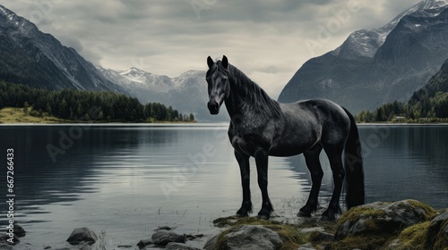 In the solitude of the mountains and lake with blue water rises a black horse.