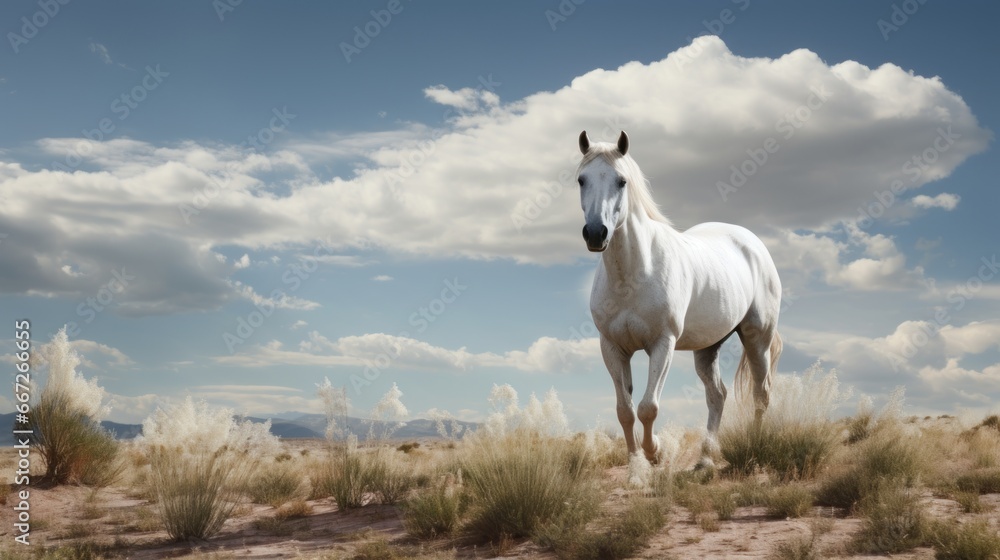 Obraz premium Standing in the solitude of the flat terrain is a white horse, representing the spirit of the wilderness and the charm of the open countryside.