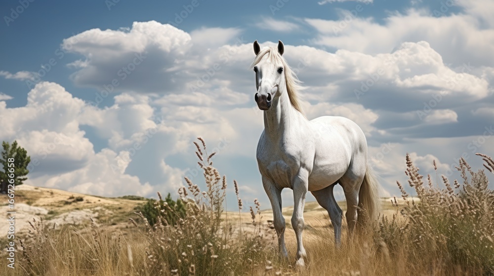 Obraz premium Standing in the solitude of the flat terrain is a white horse, representing the spirit of the wilderness and the charm of the open countryside.