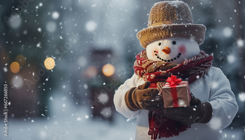 Christmas eve snow man happy on the snow sharing gifts  photo