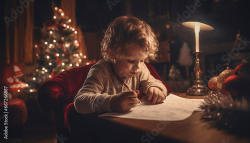A child writing a post card to santa claus in christmas eve asking for gifts photo