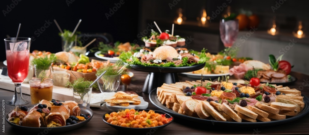 Festive corporate table with food and snacks