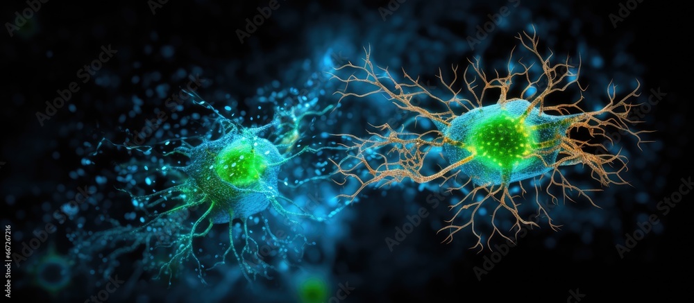 Fototapeta premium Image of cultured brain glial cells astrocytes labeled with GFAP green DAPI blue for nuclei With copyspace for text