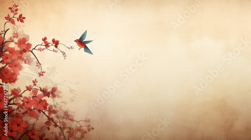 Vintage Background With a Hummingbird and Blossoms. Copy Space.