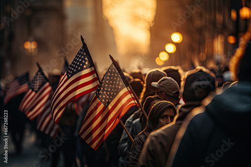 Group of American activists with US flags celebrate on a city street in cold autumn day at sunset photo