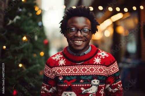 Happy black man wearing in ugly Christmas sweater near Xmas tree. Outdoor. Ugly sweater Day on December.