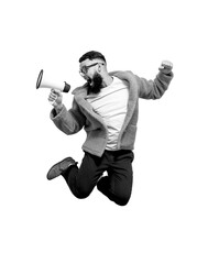 Funny portrait of an emotional jumping guy with a megaphone. Collage in magazine style. Flyer with trendy colors, advertising copy space. Discount, sale season. Information concept. Attention news!