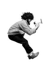 Funny portrait of an emotional jumping guy with a megaphone. Collage in magazine style. Flyer with trendy colors, advertising copy space. Discount, sale season. Information concept. Attention news!