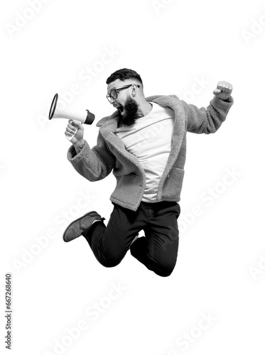 Funny portrait of an emotional jumping guy with a megaphone. Collage in magazine style. Flyer with trendy colors, advertising copy space. Discount, sale season. Information concept. Attention news!