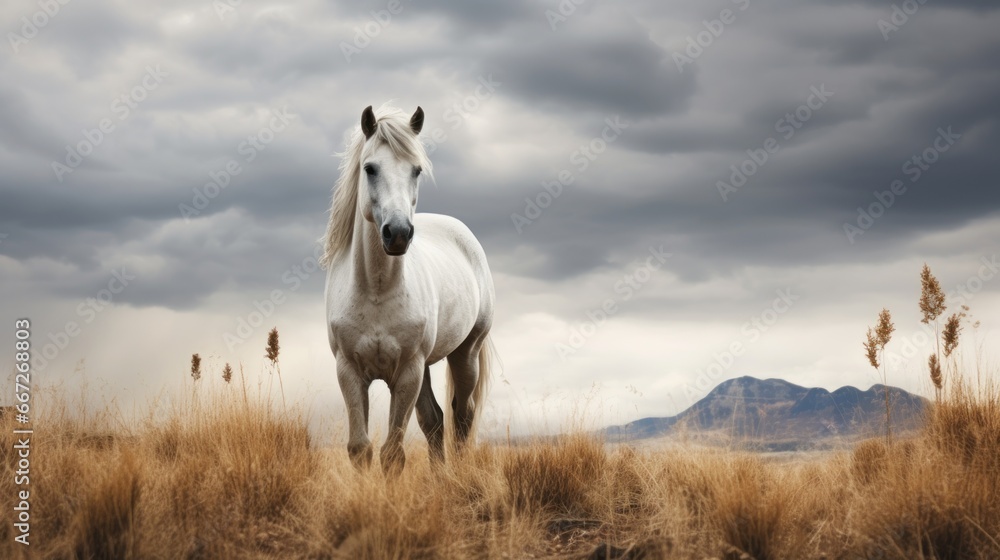 Standing in the solitude of the flat terrain is a white horse, representing the spirit of the wilderness and the charm of the open countryside. Standing in the solitude of the flat terrain is a white horse, representing the spirit of the wilderness and the charm of the open countryside.