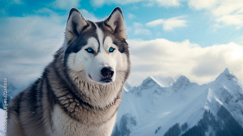 Fototapeta premium portrait of a Siberian Husky against the background of snowy mountains. The main emphasis is on the dog's piercing blue eyes, conveying its indomitable spirit. Generative AI