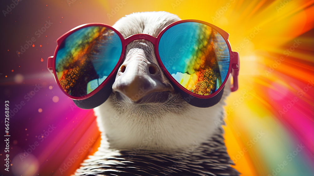 funny duck with sunglasses on colorful background