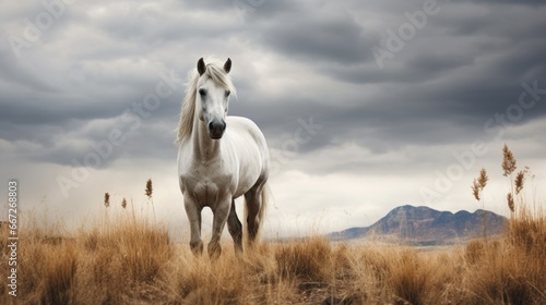 Standing in the solitude of the flat terrain is a white horse, representing the spirit of the wilderness and the charm of the open countryside.