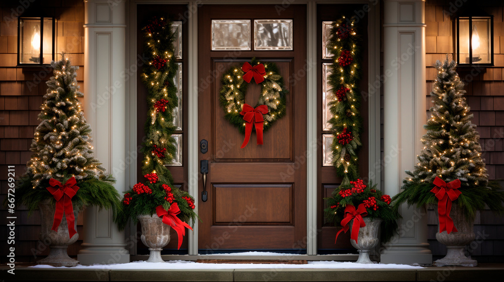 Fototapeta premium a front door decorated with a festive Christmas wincheck. Generative AI 