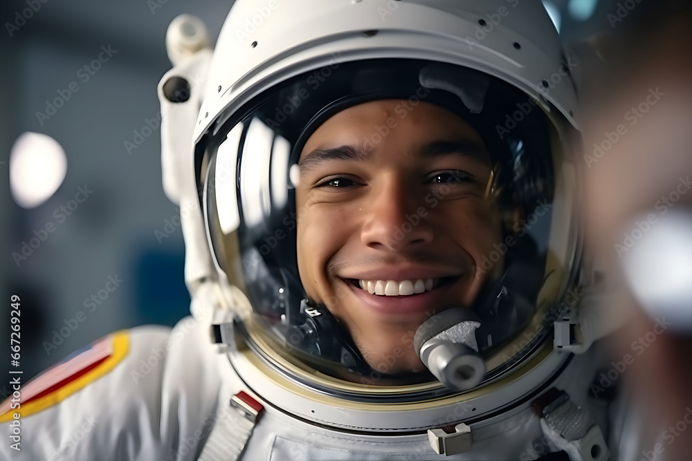 Latin American astronaut, smiling at the camera Latin American astronaut, smiling at the camera
