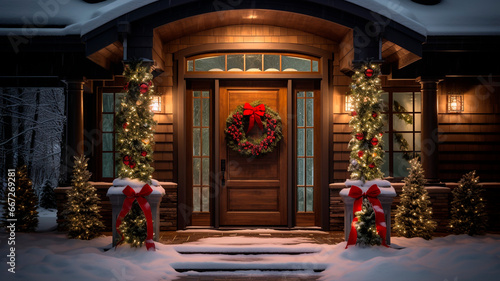 Wallpaper Mural a front door decorated with a festive Christmas wincheck. Generative AI  Torontodigital.ca