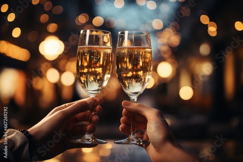 Two glasses with sparkling champagne wine in hands, concept for holiday, Christmas and New Year, bokeh, in a restaurant and cafe.