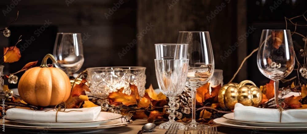 Decorate rustic farmhouse table with mini pumpkins and crystal glasses for Thanksgiving or Halloween Decorate rustic farmhouse table with mini pumpkins and crystal glasses for Thanksgiving or Halloween