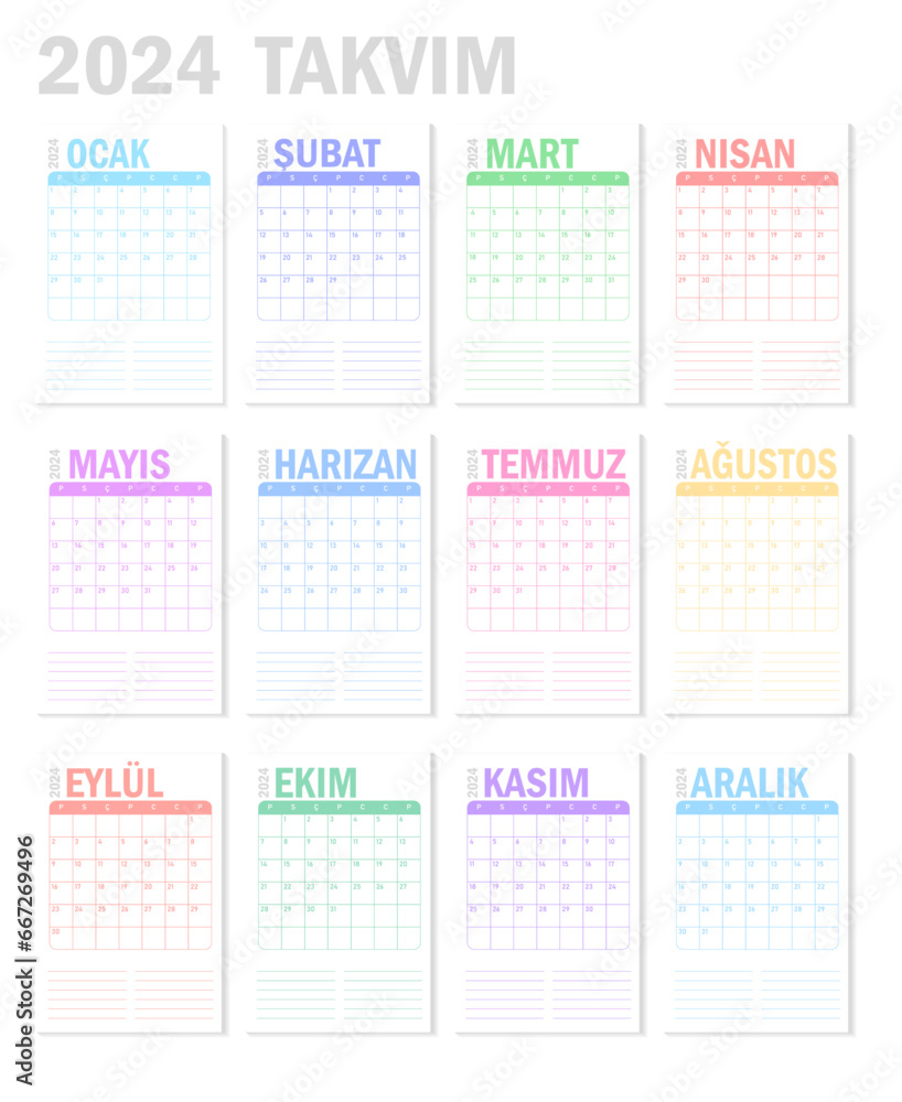 Takvim 2024, Calendar 2024 in turkish language. Week starts of Monday. White background. - obrazy, fototapety, plakaty 