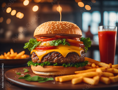 The fresh and delicious cheesy double hamburger with fries on a table in the restaurant photo