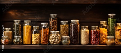Food items stored in glass containers at home including pasta cereal salt wine and groceries photo