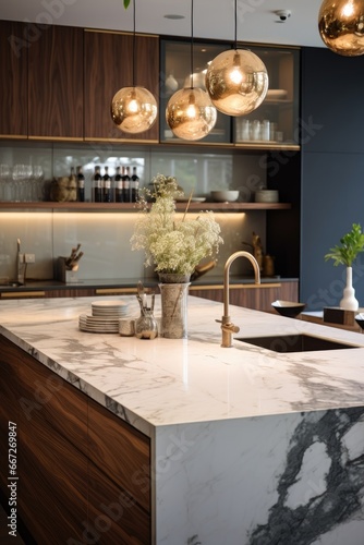 A modern luxury kitchen with marble countertop