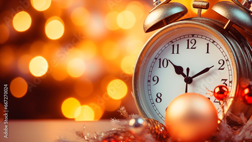 Clock, Christmas decorations, close-up, gentle bokeh and warm color. Generative AI