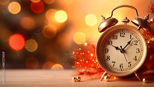 Clock, Christmas decorations, close-up, gentle bokeh and warm color. Generative AI