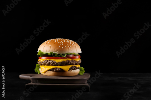 The fresh and delicious cheesy double hamburger with fries on a dark background photo