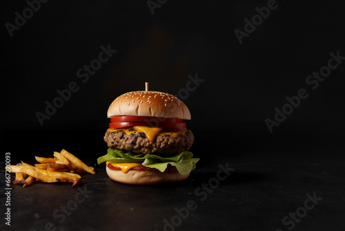 The fresh and delicious cheesy double hamburger with fries on a dark background photo