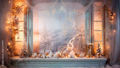 Frozen window in frosted patterns, inside the house you can see a burning fireplace and Christmas tree with ornaments, Generative AI