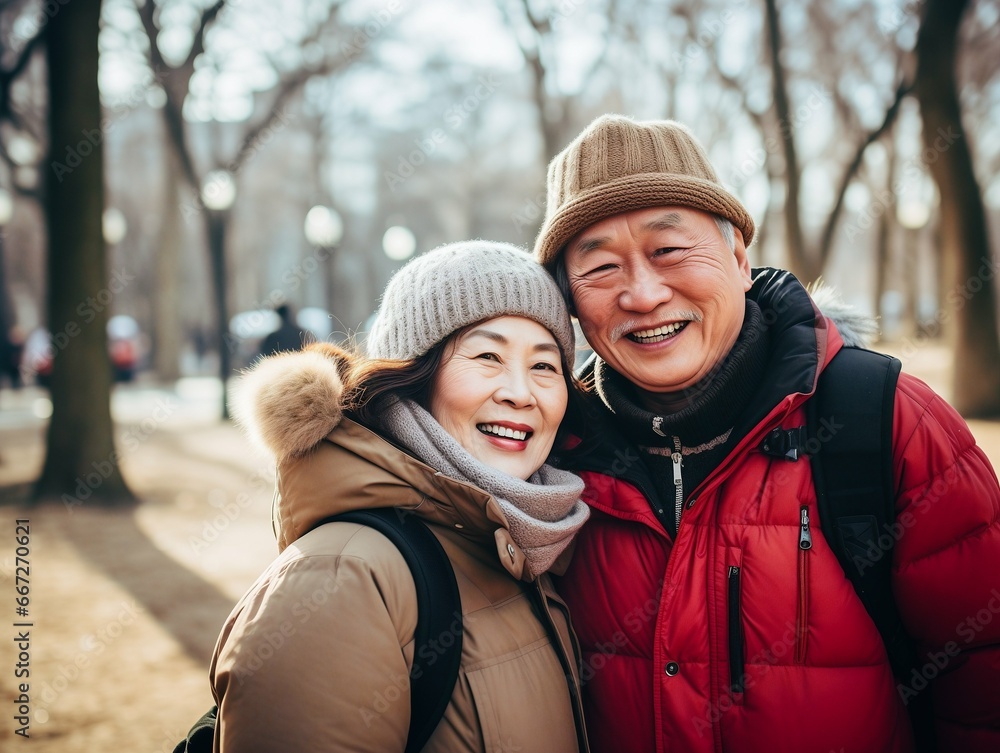Beautiful active elderly man and woman in love walking in park in winter. AI Generation