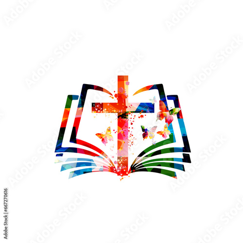 Colorful bible with christian cross isolated vector illustration. Religion themed background. photo