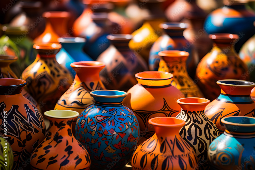 Group of colorful vases sitting on top of table.