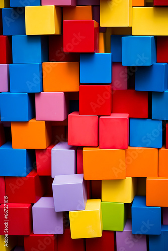 Colorful wall of blocks is shown in this image,.