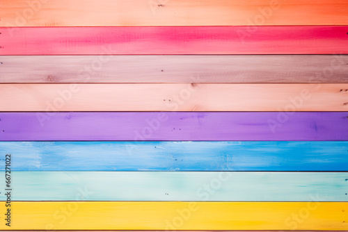 Multicolored wooden wall with white background and red, yellow, blue, and pink stripe.