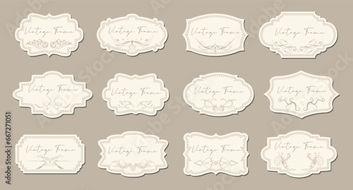 Collection of luxury vintage curly frames with lace for text, retro labels. Templates, icons, vector