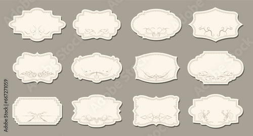 Collection of luxury vintage curly frames with lace for text, retro labels. Templates, icons, vector