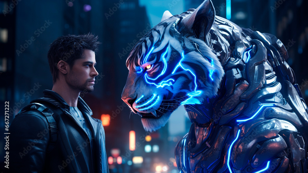 Manly muscular cyber robot cat , futuristic streetcorner, Generative AI Manly muscular cyber robot cat , futuristic streetcorner, Generative AI