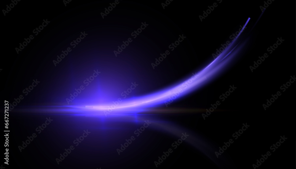 Glowing neon wave, abstract vector illustration of purple light effect on black background.