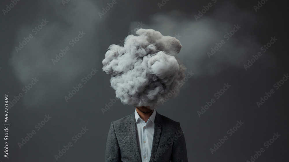 Man with cloud over his head depicting solitude and depression, abstract concept of loneliness and anxiety, isolated on gray background. Generative AI Man with cloud over his head depicting solitude and depression, abstract concept of loneliness and anxiety, isolated on gray background. Generative AI