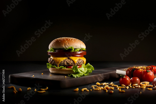 The fresh and delicious cheesy double hamburger with fries on a black background photo