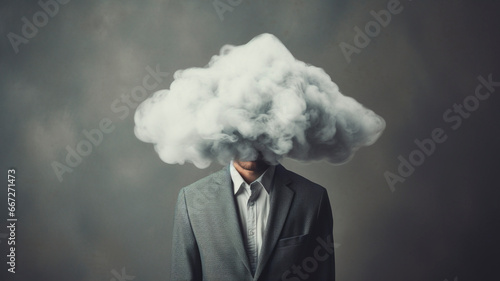 Man with cloud over his head depicting solitude and depression  abstract concept of loneliness and anxiety  isolated on gray background. Generative AI