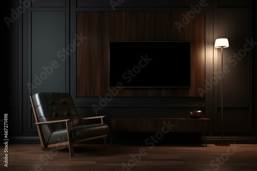 3D rendering of a TV mounted on a dark wood wall in a dark room with an armchair. Generative AI