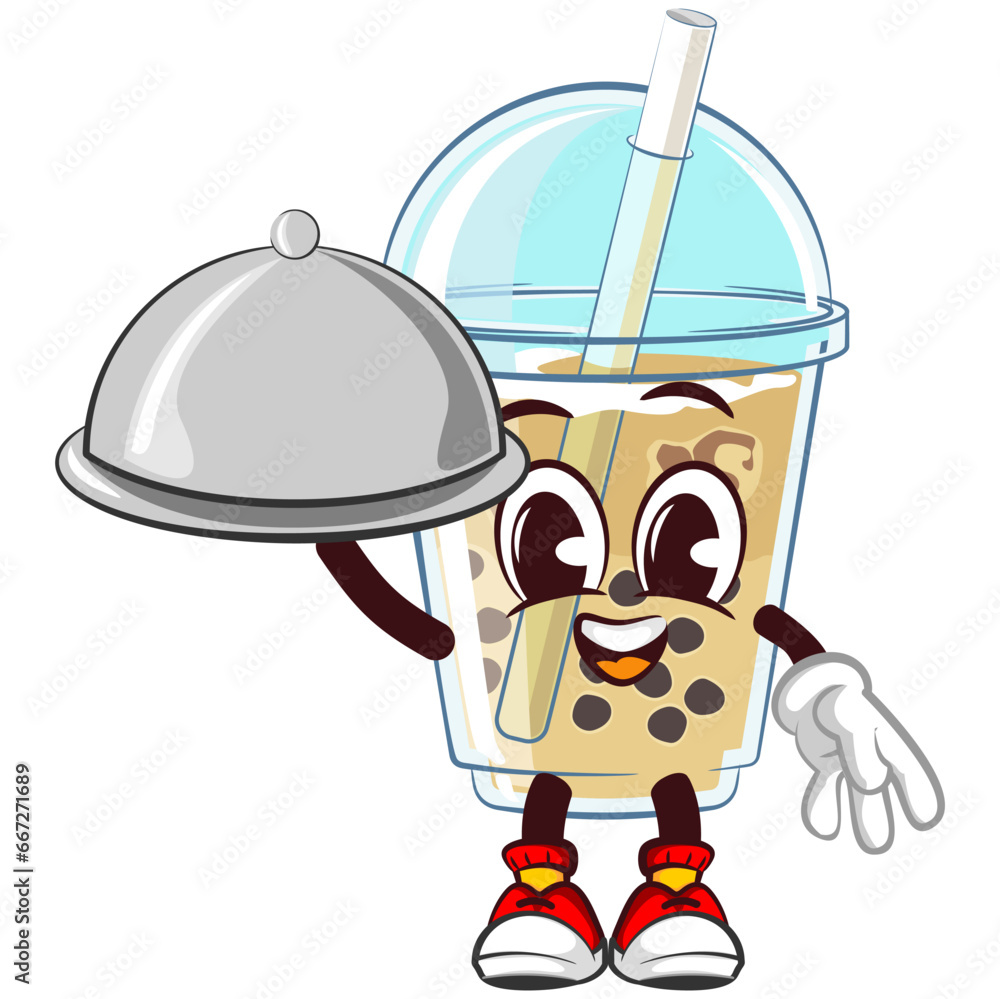 character mascot of a glass of iced boba with a cute face waiter serving food in lid, isolated cartoon vector illustration. emoticon, cute glass of iced boba mascot character mascot of a glass of iced boba with a cute face waiter serving food in lid, isolated cartoon vector illustration. emoticon, cute glass of iced boba mascot