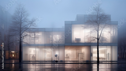 Modern  exclusive shop  foggy weather  white elements on the building  sophisticated  minimalistic. Generative AI