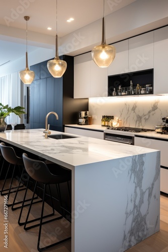 A modern luxury kitchen with marble countertop