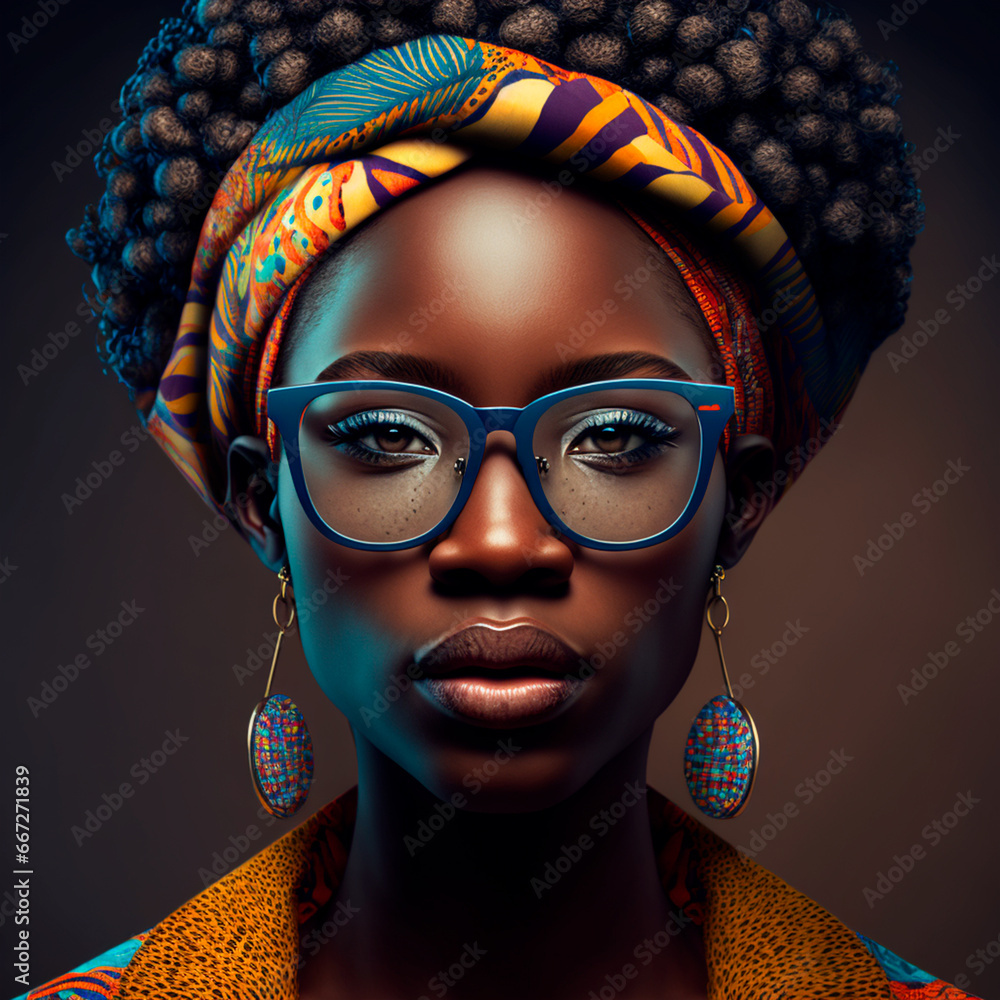African woman with sunglasses, advertisement style, hyperrealistic