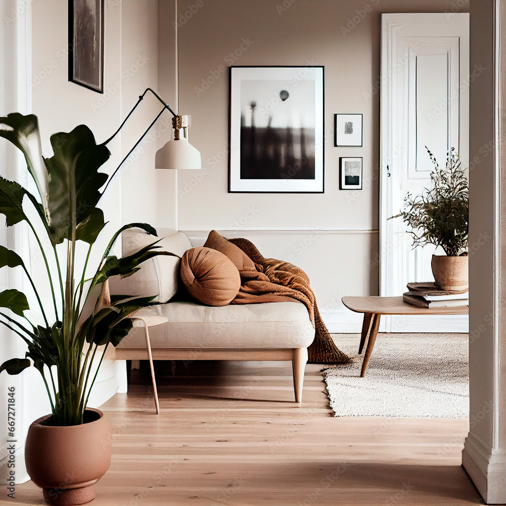 3D mockup of cosy interior design in beige tones, living room with modern decoration