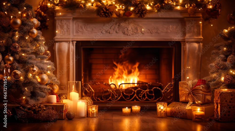 New Year background, near the fireplace, Christmas tree and candles, gentle bokeh, and warm color. Generative AI New Year background, near the fireplace, Christmas tree and candles, gentle bokeh, and warm color. Generative AI